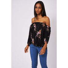 Load image into Gallery viewer, Black Pleated Floral Print Bardot Top-Sassy Dutch