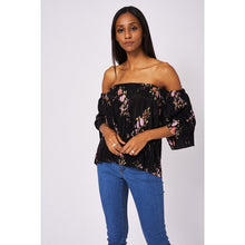 Load image into Gallery viewer, Black Pleated Floral Print Bardot Top-Sassy Dutch